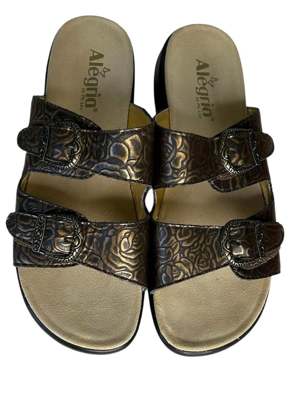 ALEGRIA PG Lite Women Sz 42 Jade Brown Embossed Leather Adjustable Slide Sandals